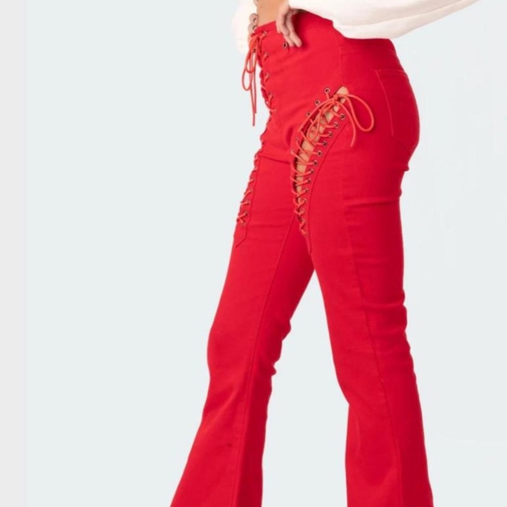 Edikted Vibrant Red Lace-Up Trousers - Picture 2 of 7